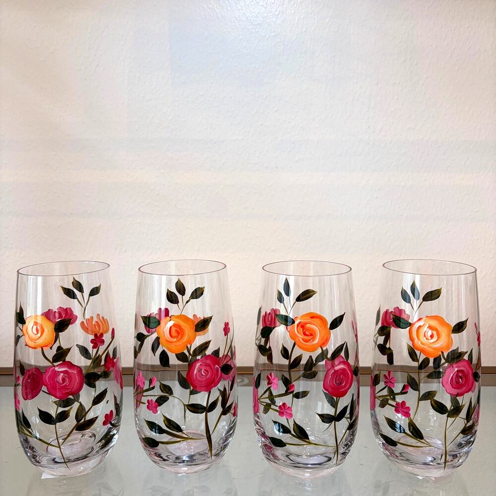 Hand Painted Floral Drinking Glasses Multicolored Roses Set of 4 NEW